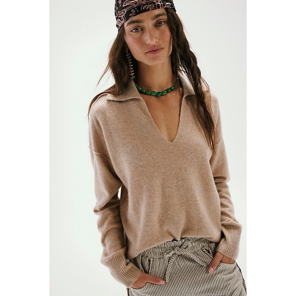 NWT!! FREE PEOPLE Eloura Cashmere Henley Sweater Solid Light Brown Tan X-Large